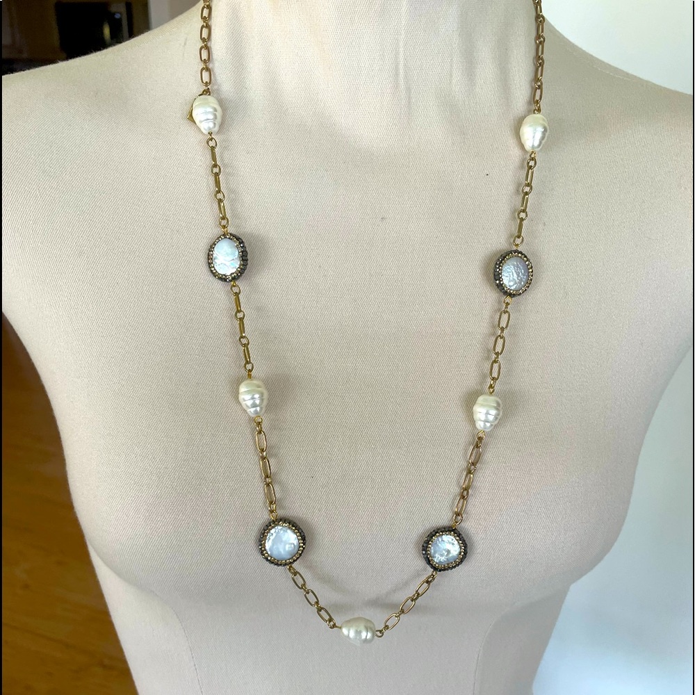 White Coin and Baroque Pearl Necklace 30 inches NEW NO TAGS
